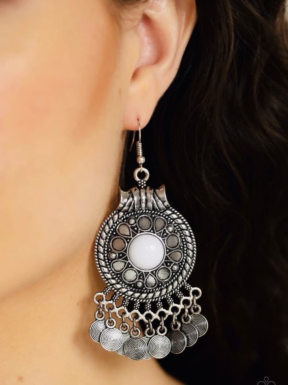 Silver-Tone White Center Boho Dangle Earrings
